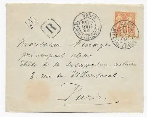 Brief von Nancy nach Paris, Einschreiben 1899