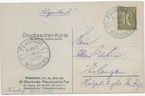 Flugpostkarte Nürnberg 1921 naöch Erlangen, Deutscher Philatelisten Tag