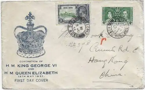 FDC Hong Kong, King George, Queen Elisabeth 1937