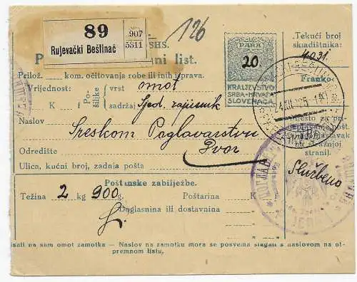 Paketkarte Rujevacki Beslinac, 1925, SHS nach Dvor/Dvoru