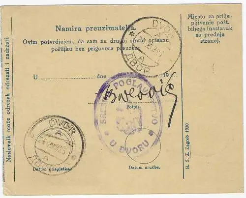 Paketkarte Rujevacki Beslinac, 1925, SHS nach Dvor/Dvoru