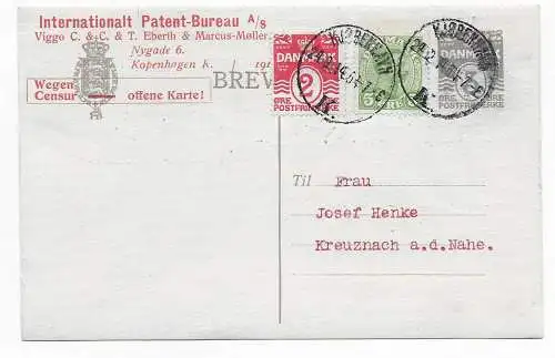 Kopenhagen nach Kreuznach, 1914, Patent-Büro, Zensur offen