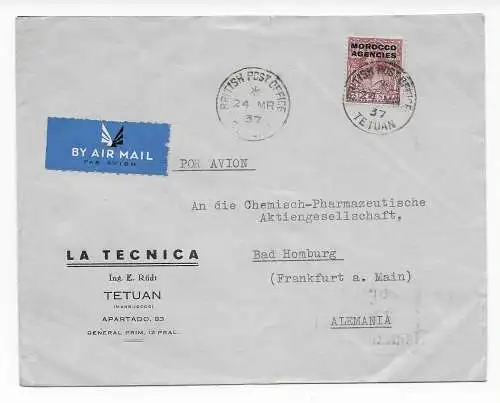 Air mail British Post office Tetuan, 1937 to Bad Homburg