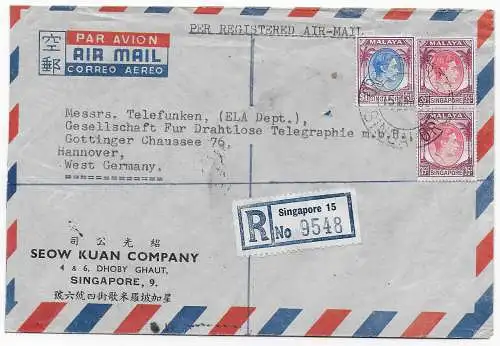 Malaya/Singapore air mail nach Hannover, - Telefunken 1955