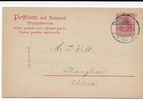 Doppelkarte mit Antwort, Berlin 1906 nach Shanghai-China