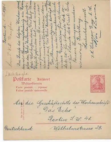 Doppelkarte mit Antwort, Berlin 1906 nach Shanghai-China