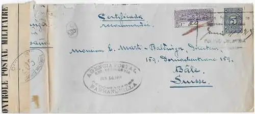 Registered Barranquilla to Basel/Switzerland, censor 1919