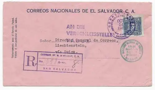 El Salvador, Registered to Liechtenstein via Switzerland, 1947