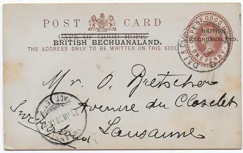 Post card British Bechuanaland to Lausanne/CH, 1900