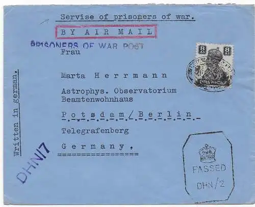 Kgf, PoW, Central Internment Camp Dehra-Dun. U.P. to Potsdam, Air Mail, censor