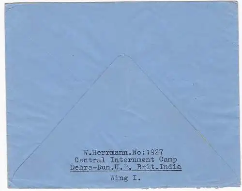 Kgf, PoW, Central Internment Camp Dehra-Dun. U.P. to Potsdam, Air Mail, censor