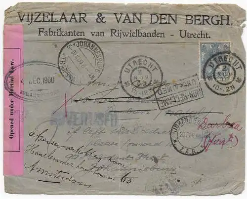 Brief aus Utrecht nach Johannesburg, Zensur, zurück Amsterdam, Burgenkrieg, 1900