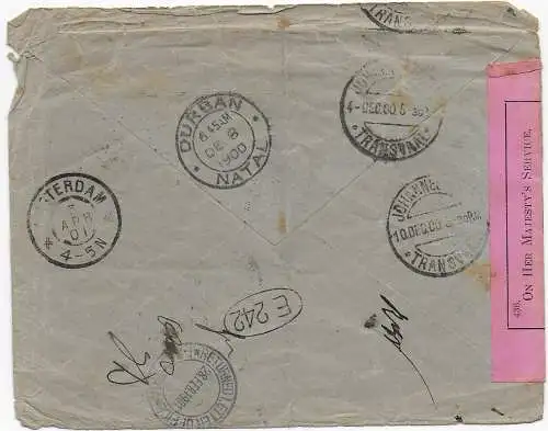 Brief aus Utrecht nach Johannesburg, Zensur, zurück Amsterdam, Burgenkrieg, 1900
