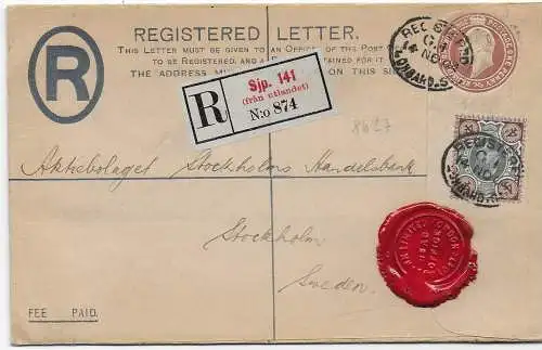 Registered Letter Sjp. (schwedischer R-Zettel) nach Stockholm 1904