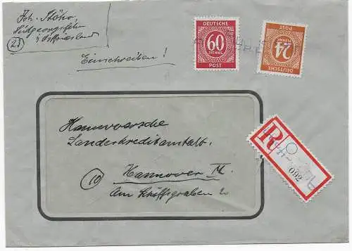 Einschreiben Augustfehn Notstempel 1947 nach Hannover