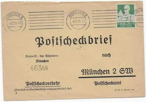 Postscheckbrief München 1935, Einzelfrankatur, Portostufe, MiNr. 558