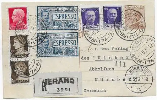 Postkarte Einschreiben Merano an Kicker-Nürnberg 1932 mit Fussballergebnissen