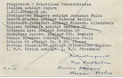 Postkarte Einschreiben Merano an Kicker-Nürnberg 1932 mit Fussballergebnissen