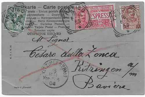 Postkarte Treviso 1904: EXPRESS nach Kitzingen