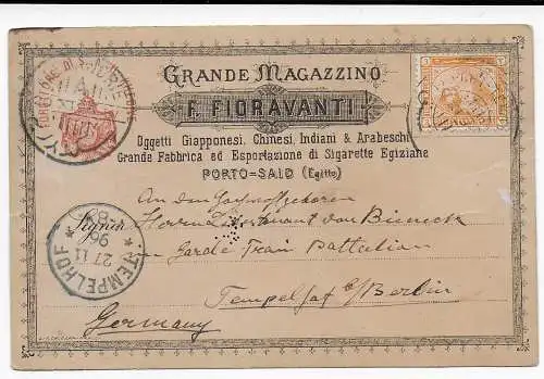 Post card Egypt, Company card Port-Said 1896 to Tempelhof/Berlin