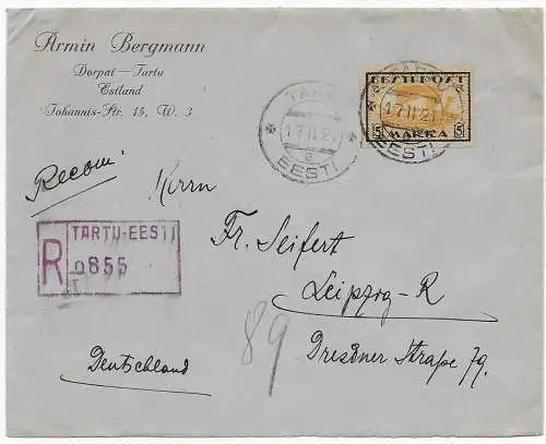 Einschreiben Tartu-Eesti, 1921 nach Leipzig, Brief geöffnet - Zensur