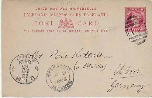 Falkland Islands 1893, post card to Ulm