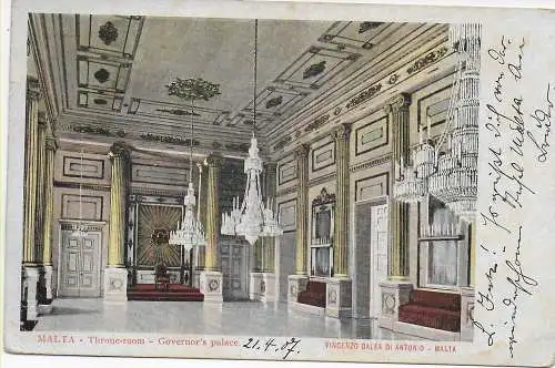 picture post card Malta, Throne-room, Governor's palace, 1907 to Torgelow