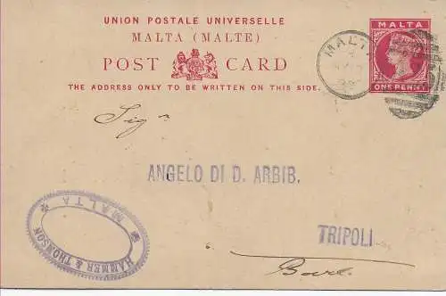 post card Malta, to Tripoli, 1892