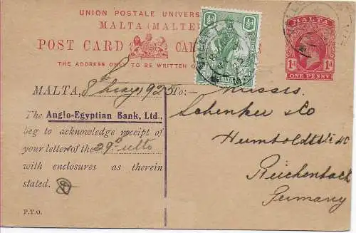 post card Malta, Anglo-Egyptian Bank to Reichenbach, 1925