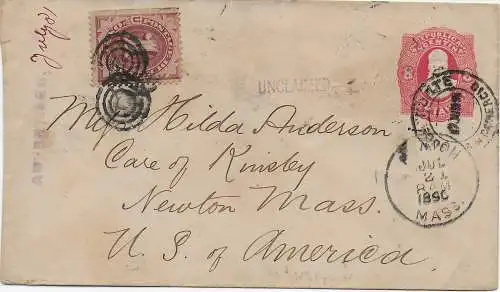 Argentina to Newton/Mass, 1890, Taxe Nachporto, Unclaimed