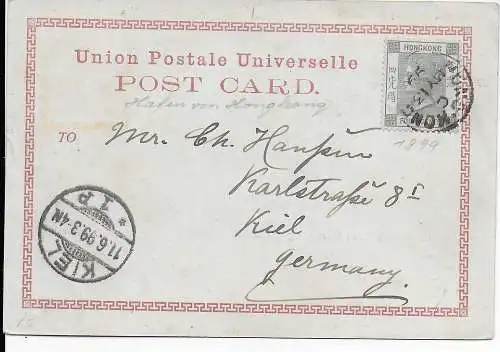  picture post card Hongkong 1899 to Kiel/Germany