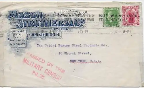 Firmenumschlag 1918 Chirstchurch to New York, Passed by the military censor