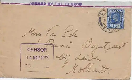 Ceylon: Onugala to Holland, 1916, censor