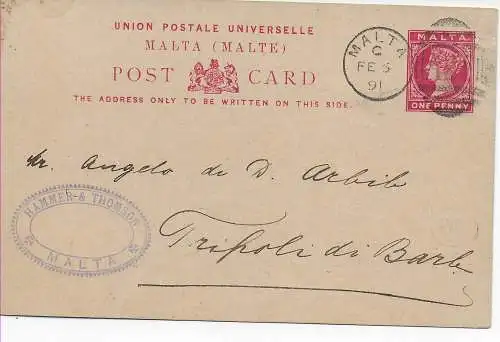 Malta post card to Tripoli, 1891