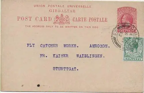 post card Gibraltar to Stuttgart/Waiblingen 1922