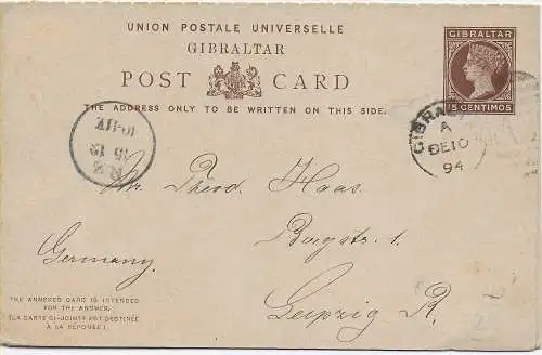 double - post card Gibraltar to Leipzig 1894