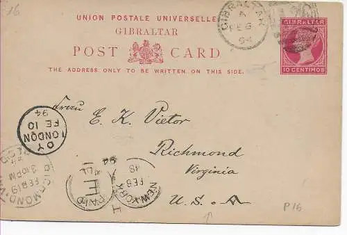 Gibraltar post card to Richmond/Virgina 1894