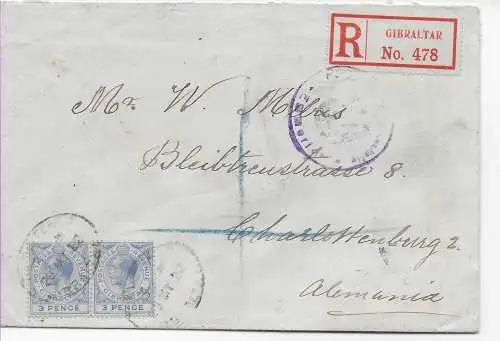 registered Gibraltar to Charlottenburg, 1922