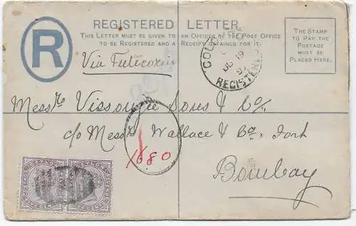 Ceylon registered letter to Bombay, 1897