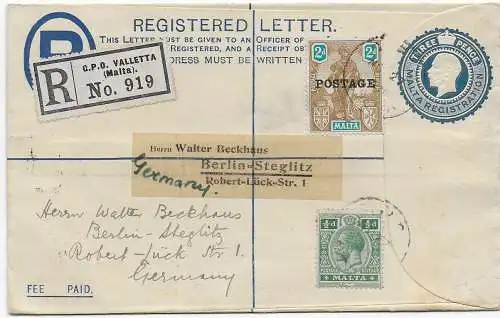 registered letter Valletta ot Berlin-Steglitz, 1926