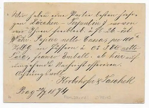 Correspondez Karte, Fehldruck Stempel PRAG 1874 nach Chemnitz