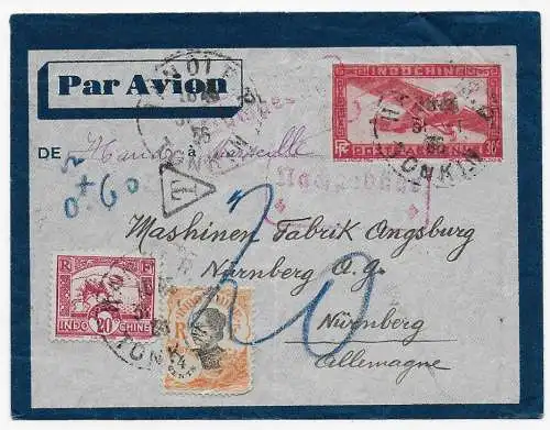 Franz. Indochina air mail to Nürnberg, Taxe, Nachporto, 1936