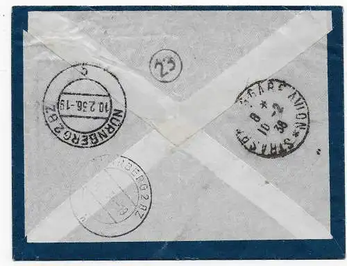 Franz. Indochina air mail to Nürnberg, Taxe, Nachporto, 1936