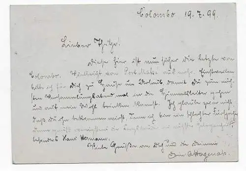 Ceylon Colombo, 1899 to Hamburg