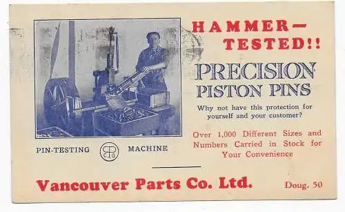 company post card Vancourver, 1930: Precision Piston Pins - Hammer tested