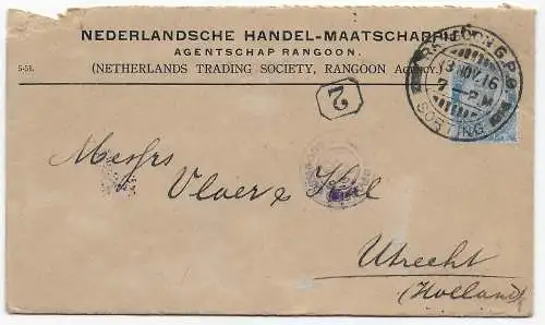 Rangoon cover 1916 to Utrecht, censor reverse