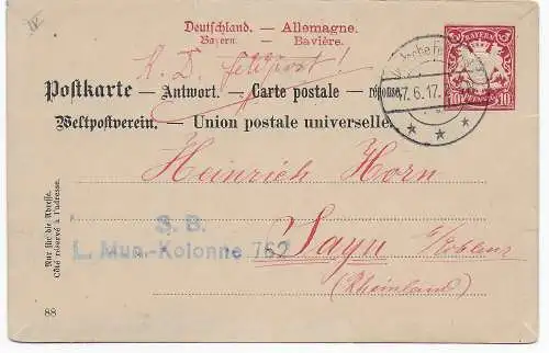 Antwortpostkarte Feldpost 1917 nach Sayn/Koblenz aus Rumänien