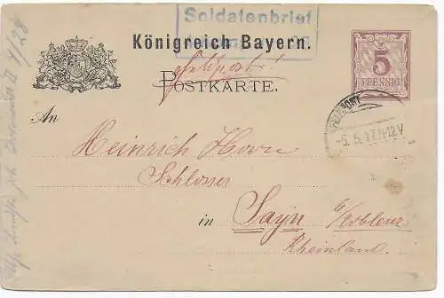 Soldatenbrief Feldpost  nach Sayn/Koblenz 1917