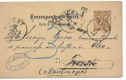 Postkarte Pola/Zara 1888 nach Triest und weiter Constantinople, Taxe, Nachporto