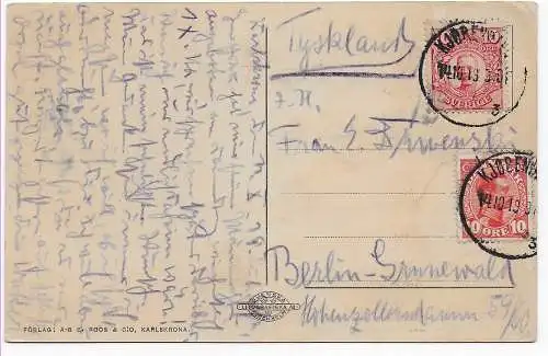 picture post card Karlskrona Rosenbom with dansk stamp to Berlin, 1919